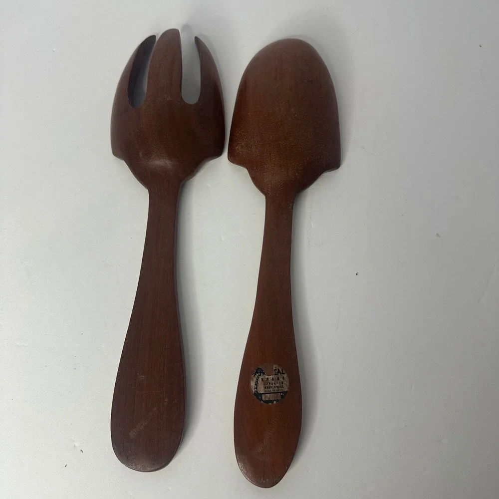 Vintage Tropical Brand Wooden Salad Serving Set Handcrafted Haiti Fork Spoon